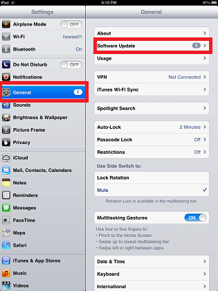 iPad Settings, General, Software Update